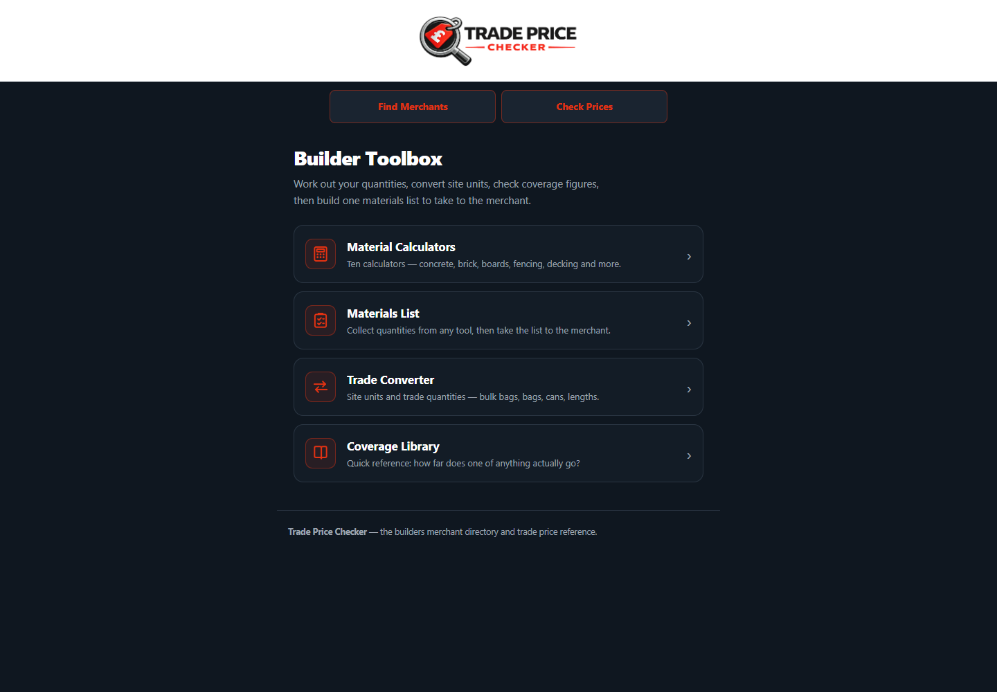 Current Trade Price Checker building calculators screen