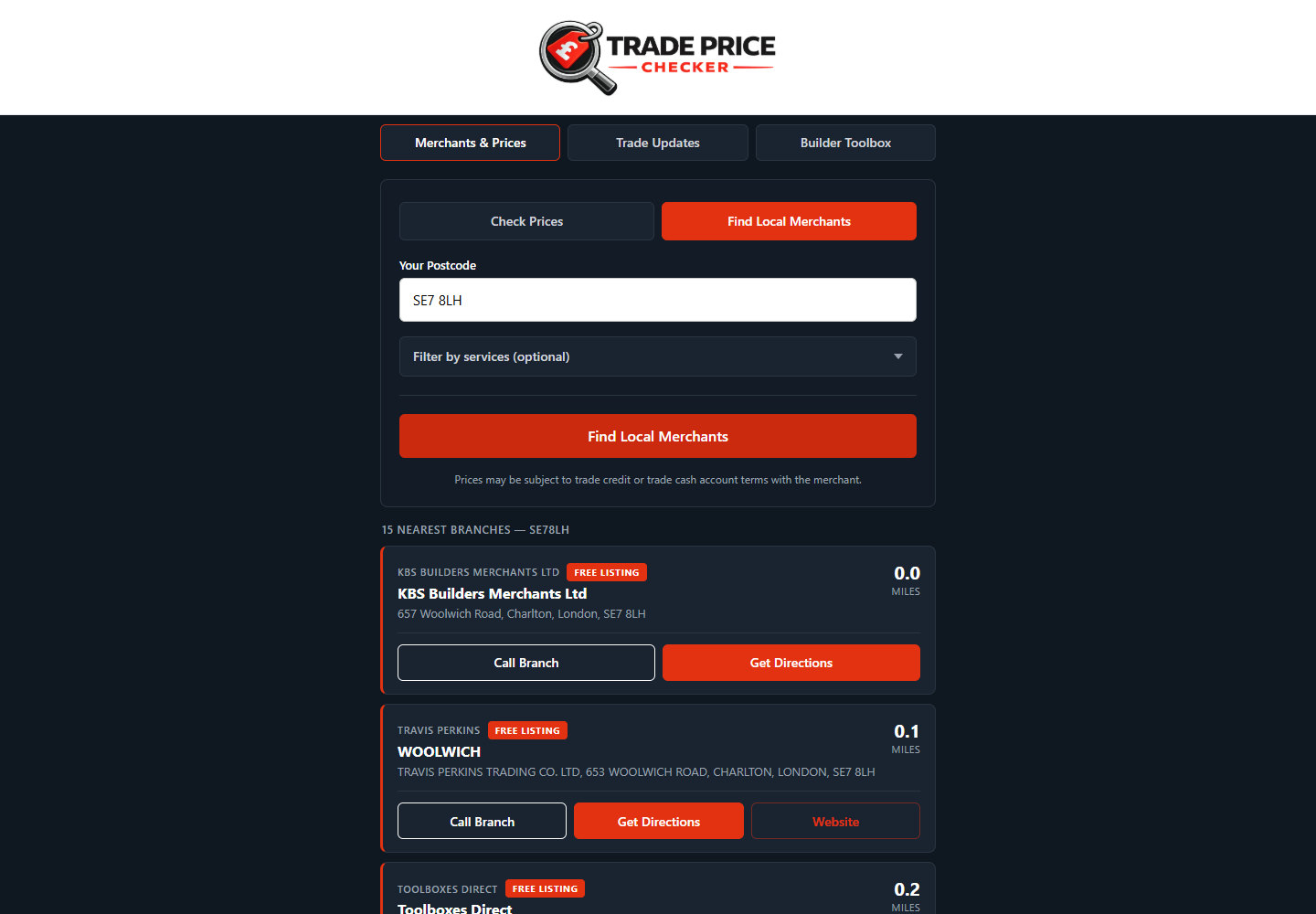 Current Trade Price Checker merchant search showing nearby branches