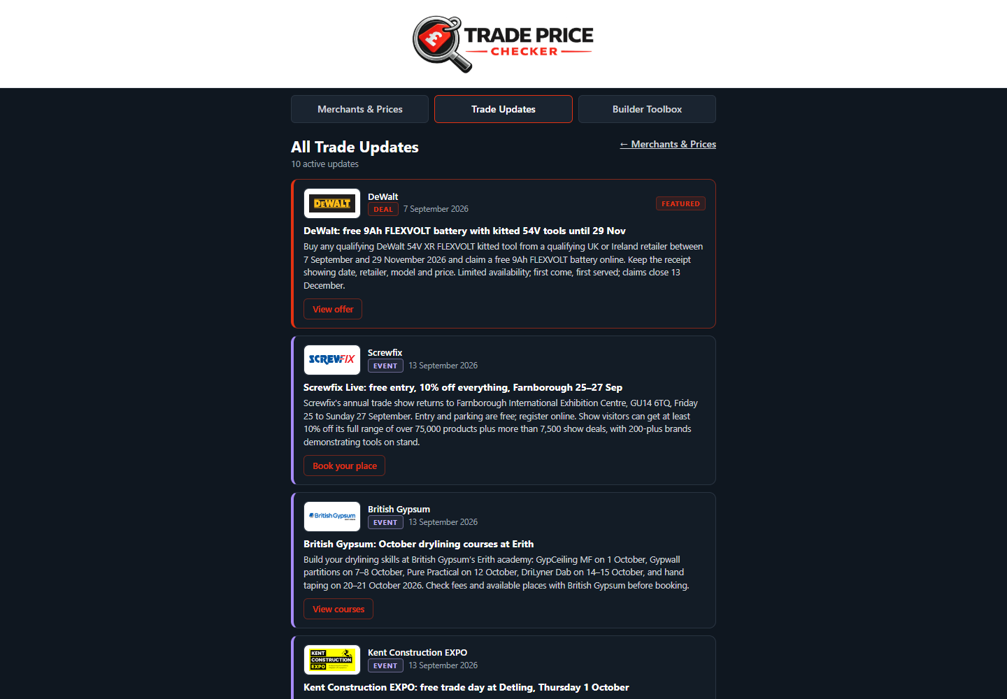 Current Trade Price Checker Trade Updates screen showing published updates