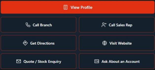 Contact options in the app: View Profile, Call Branch, Call Sales Rep, Get Directions, Visit Website, Quote / Stock Enquiry, Ask About an Account