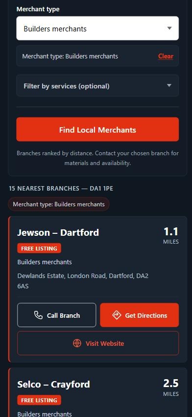 The Trade Price Checker app: a search for builders merchants near DA1 1PE, showing Jewson Dartford at 1.1 miles and Selco Crayford at 2.5 miles