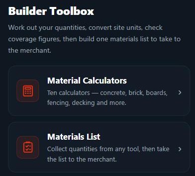 Builder Toolbox in the app: Material Calculators and Materials List