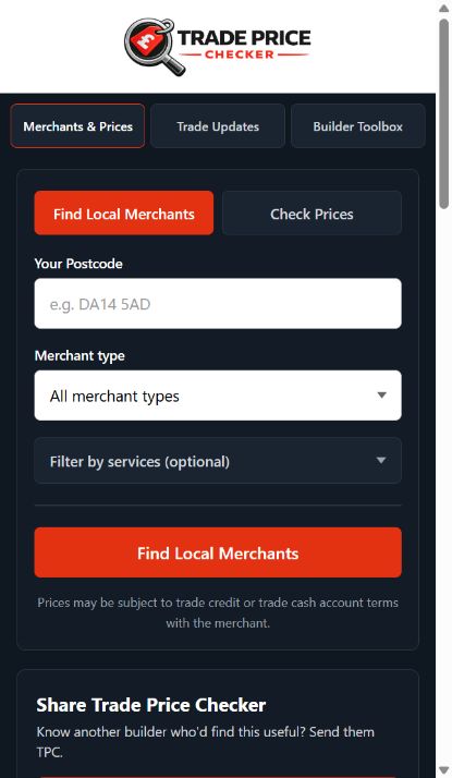 Trade Price Checker app showing Find Local Merchants, merchant type and service filters, with Trade Updates and Builder Toolbox navigation